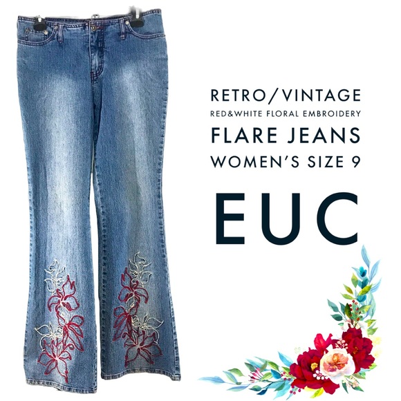 stone jeans Denim - Retro / Vintage Red & White Floral Embroidery Flare Jeans Women's Size 9 EUC